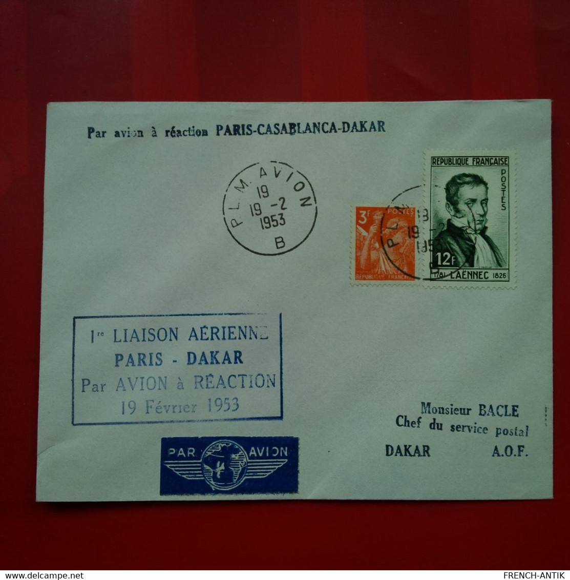 LETTRE PAR AVION A REACTION PARIS CASABLANCA DAKAR P.L.M AVION 1ERE LIAISON AERIENNE PARIS DAKAR 1953 - Covers & Documents