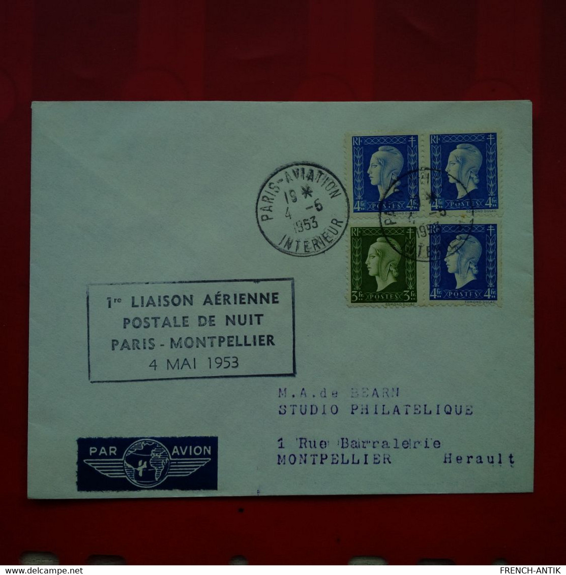 LETTRE PARIS AVIATION 1ERE LIAISON AERIENNE POSTALE DE NUIT PARIS MONTPELLIER 1953 - Covers & Documents