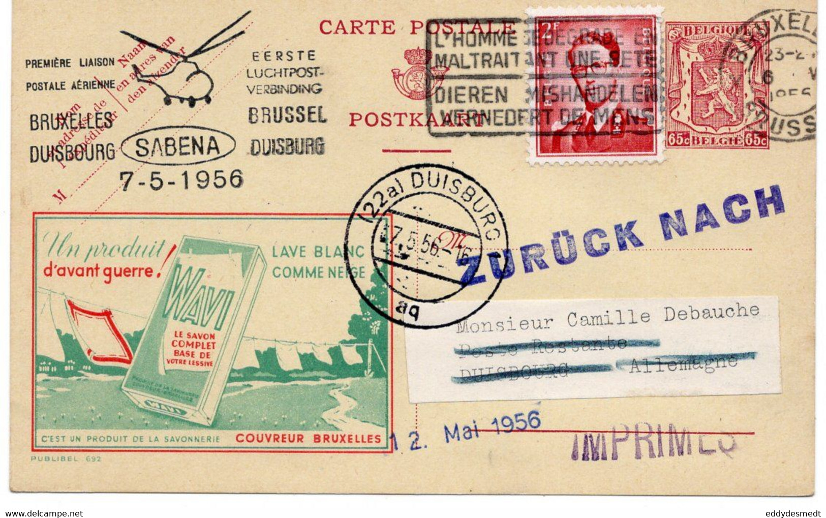 Verstuurd Van Brussel Naar Duitslan 1956   Kaart B 186 - Postcards 1951-..