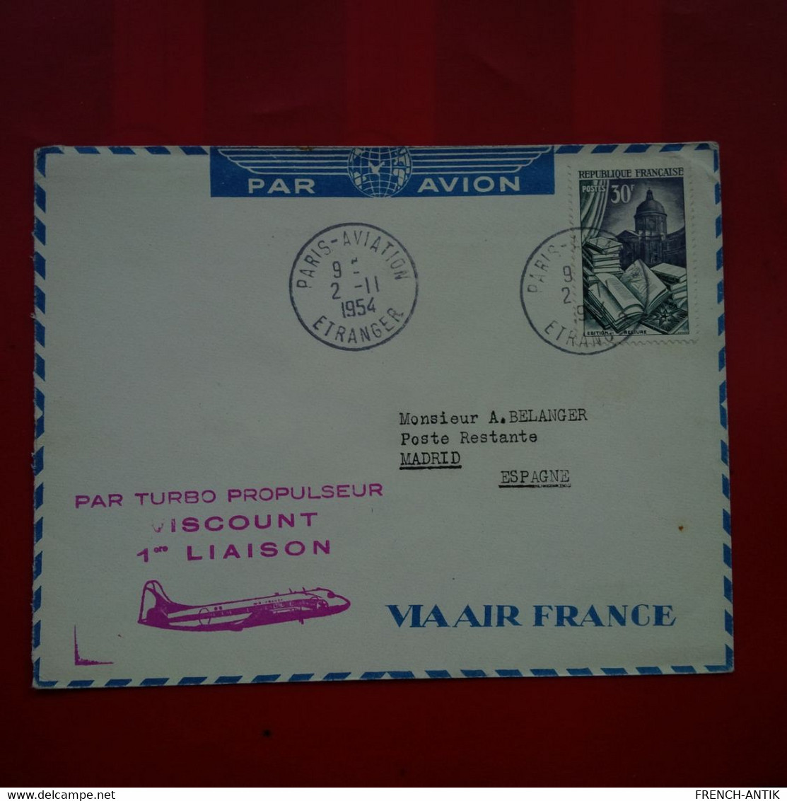 LETTRE PAR TURBO PROPULSEUR VISCOUNT 1ERE LIAISON PARIS POUR MADRID POSTE RESTANTE - Storia Postale