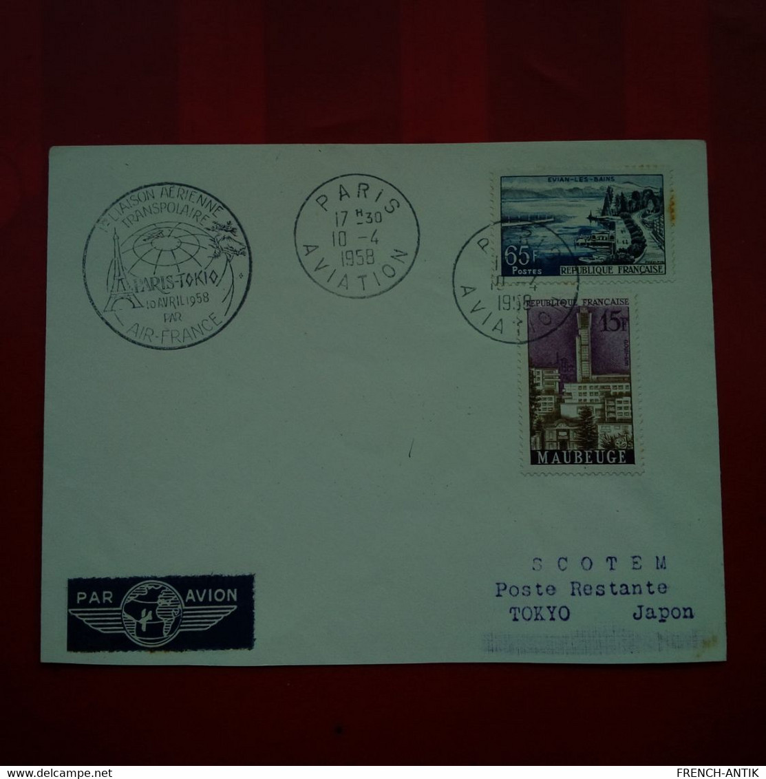 LETTRE PARIS TOKIO AIR FRANCE 1ERE LIAISON AERIENNE TRANSPOLAIRE POSTE RESTANTE TOKYO 1958 - Lettres & Documents