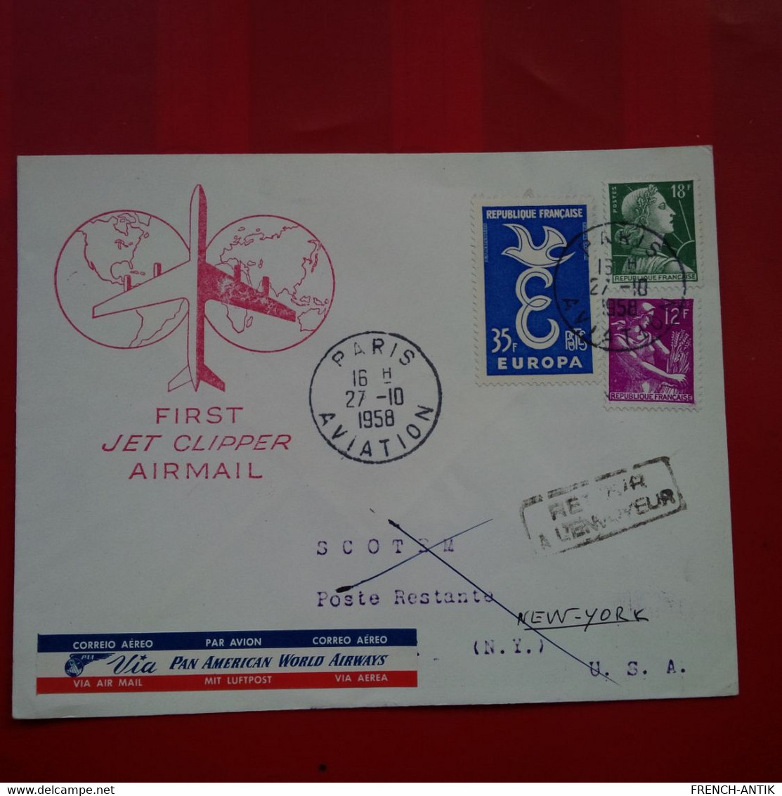 LETTRE FIRST JET CLIPPER AIRMAIL POSTE RESTANTE NEW YORK RETOUR A L ENVOYEUR - Brieven En Documenten