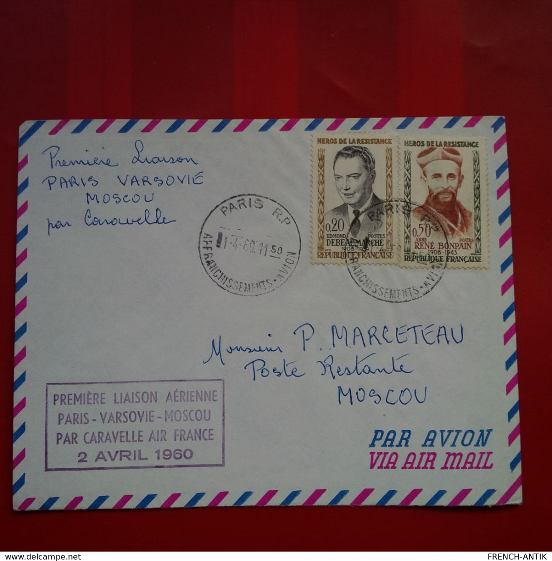 LETTRE PREMIERE LIAISON PARIS VARSOVIE MOSCOU PAR CARAVELLE AIR FRANCE - Storia Postale