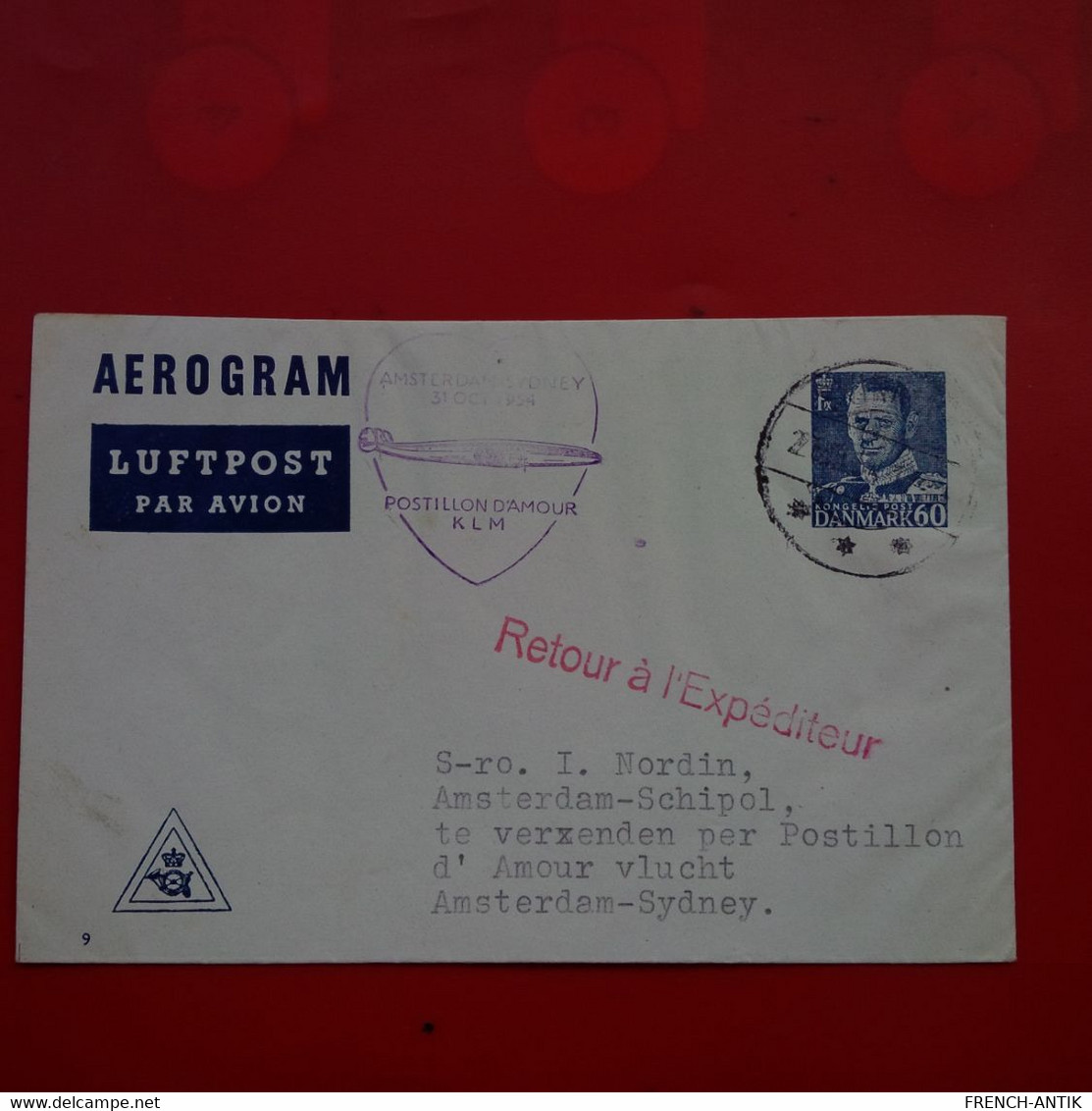 LETTRE AEROGRAM PAR AVION POSTILLON D AMOUR AMSTERDAM SYDNEY RETOUR A L EXPEDITEUR 1954 - Lettres & Documents
