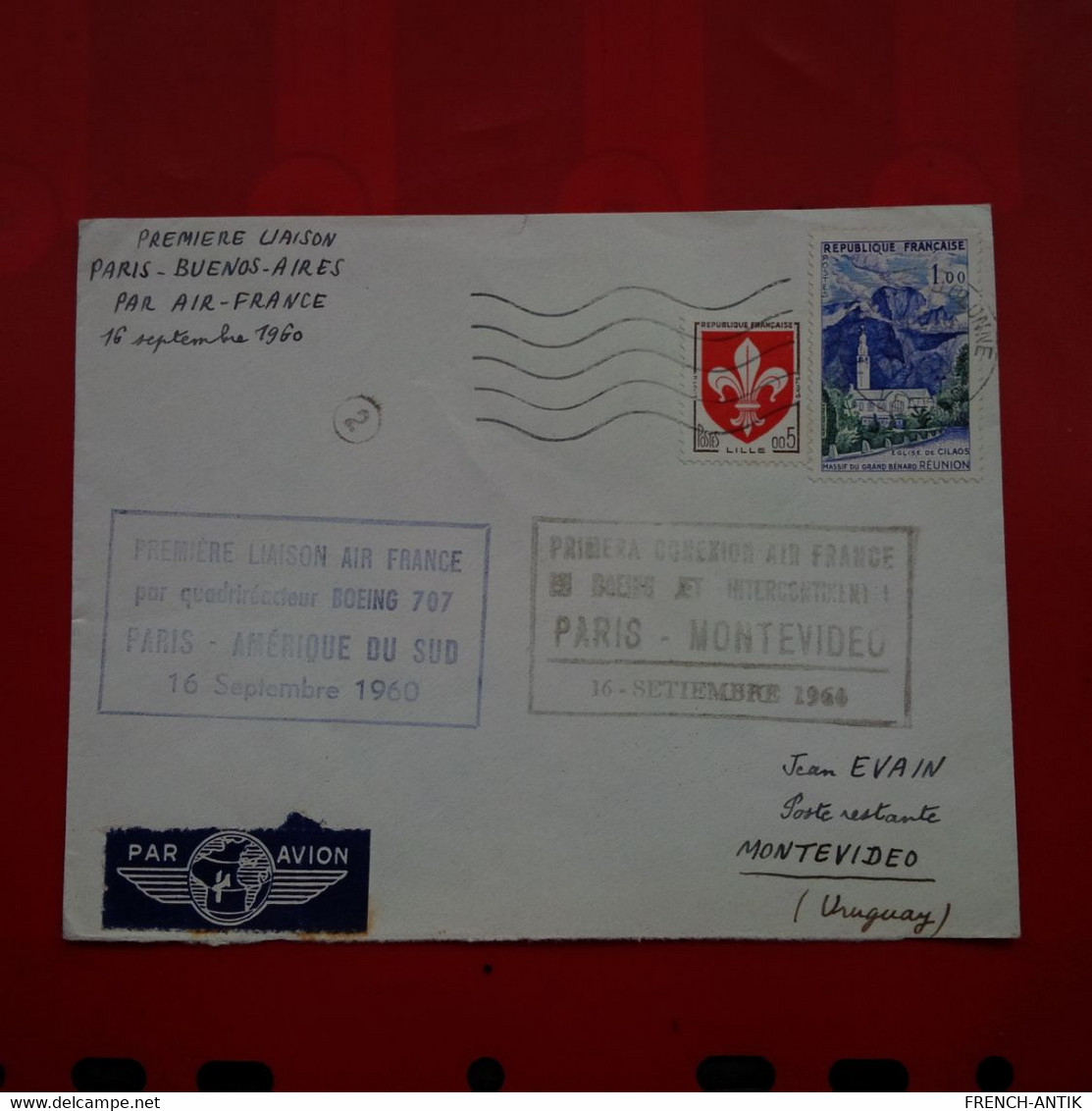 LETTRE PREMIERE LIAISON PARIS BUENOS AIRES PAR AIR FRANCE 1960 CACHET PARIS MONTEVIDEO - Lettres & Documents