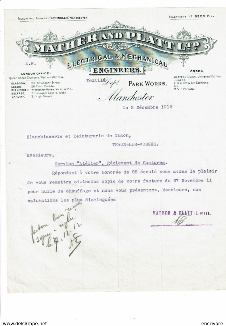 Lettre Commerciale MATHER AND PLATT Ltd Matériel Electrique Manchester 1912 à Blanchisserire Teinturerie Thaon - Royaume-Uni