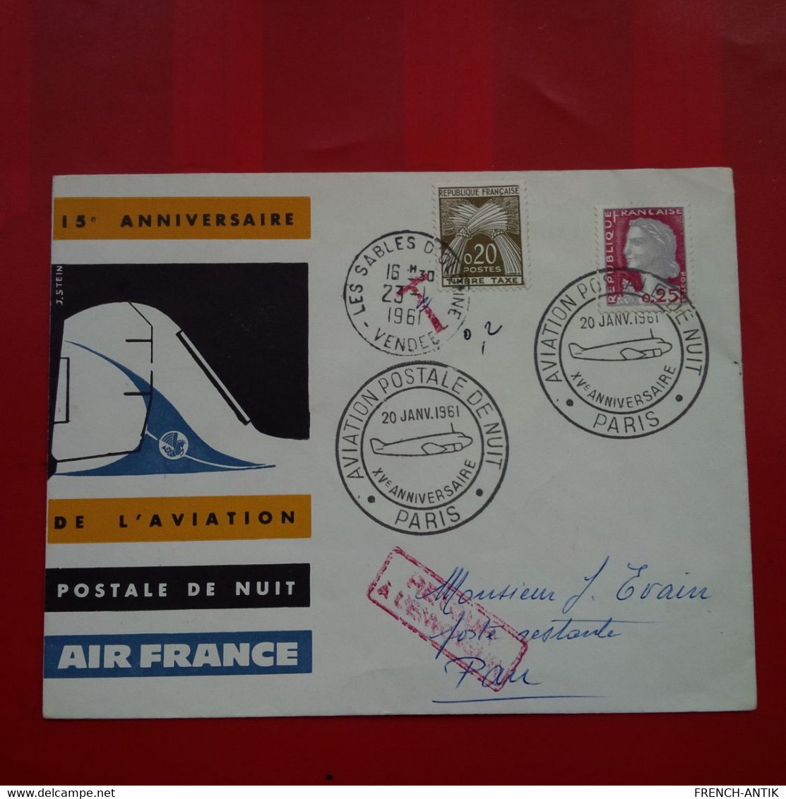 LETTRE 15EME ANNIVERSAIRE DE L AVIATION POSTE DE NUIT AIR FRANCE PARTIE DES SABLES D OLONNE POUR PAU TAXE - Storia Postale