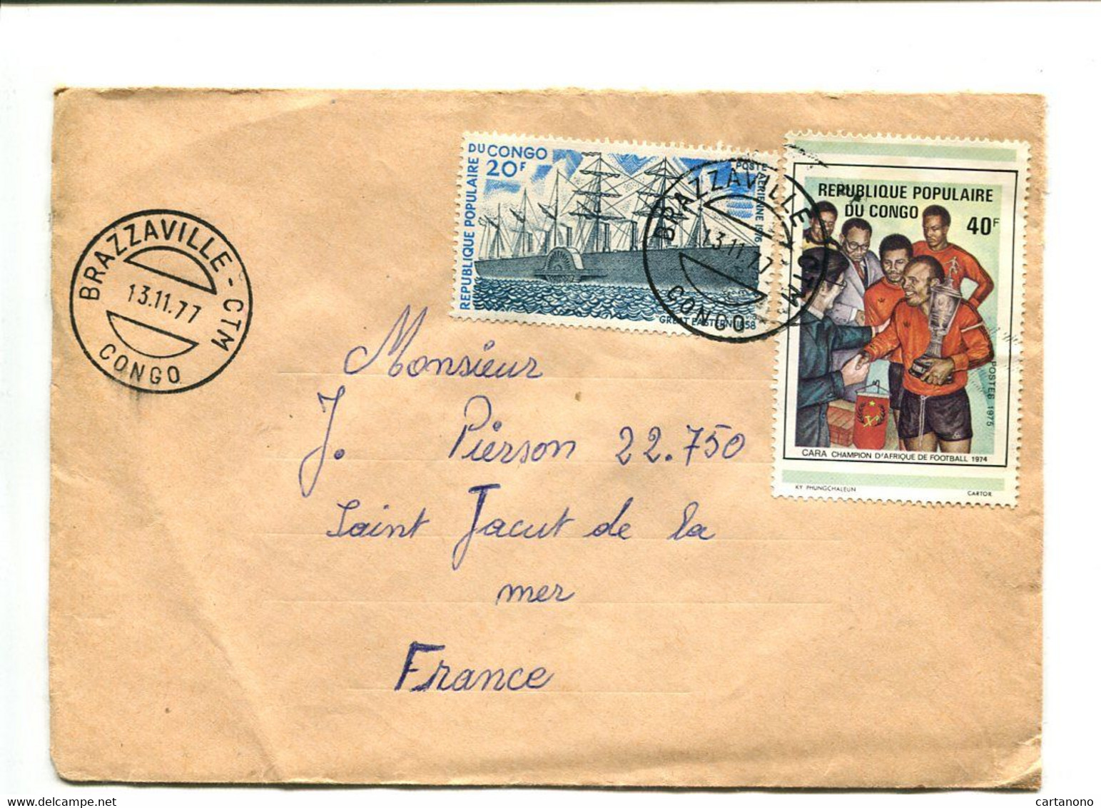 CONGO Brazzaville CTM 1977 - Affranchissement Sur Lettre - Football / Bateau - Otros & Sin Clasificación