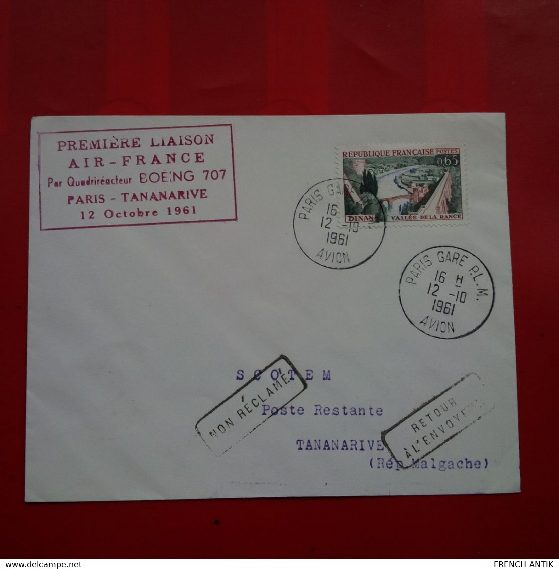 LETTRE PREMIERE LIAISON AIR FRANCE BOEING PARIS TANANARIVE 1961 CACHET NON RECLAME ET RETOUR - Covers & Documents