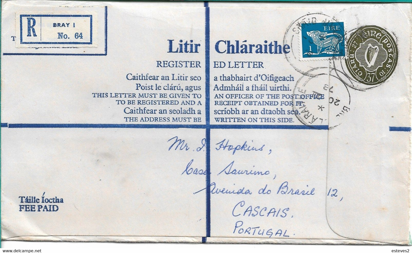 Ireland , Eire , 1978 , Stationery 37 P ,  Registration Label Bray I Nº 64  , Bré Claraith   Postmark - Ganzsachen