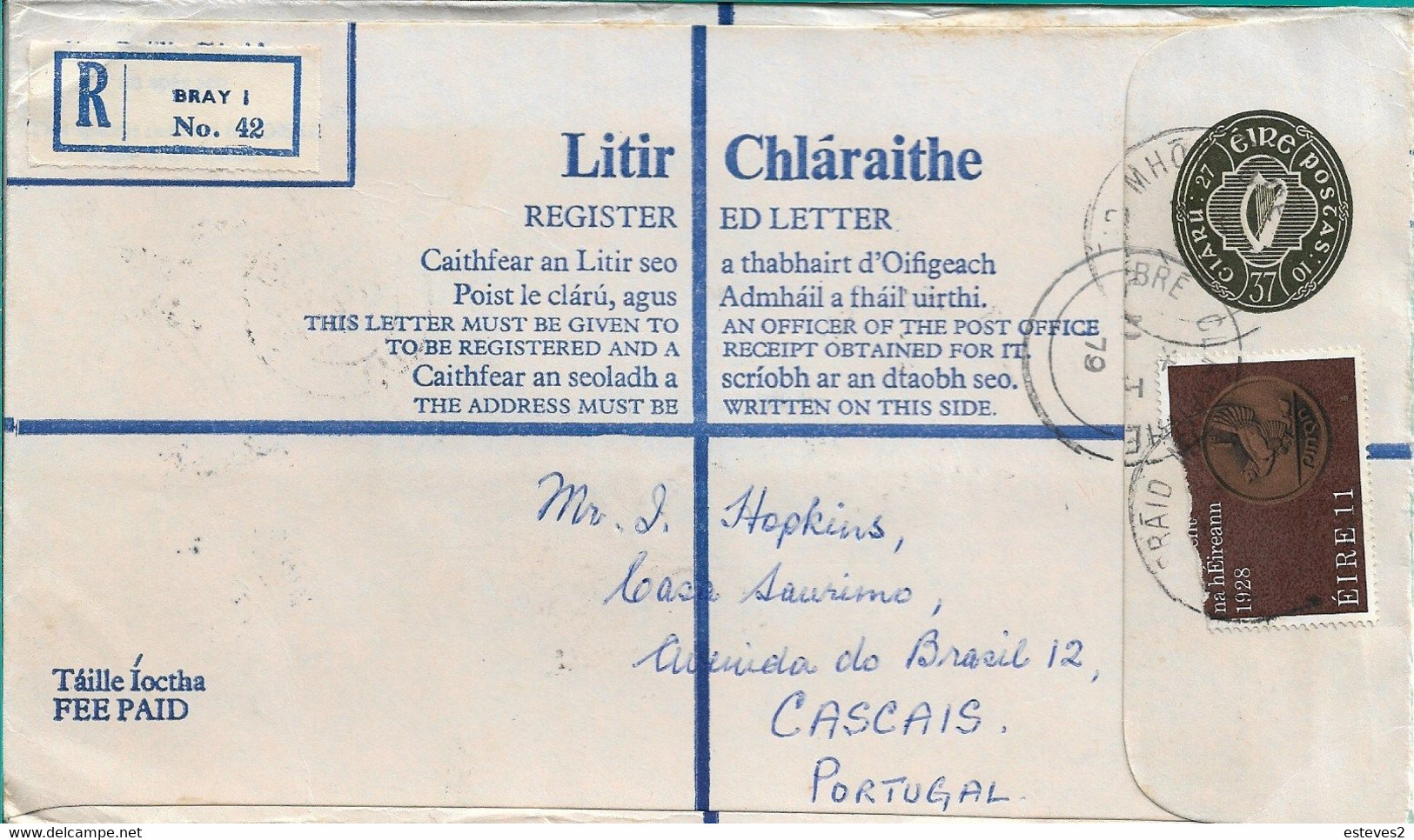 Ireland , Eire , 1979 , Stationery 37 P ,  Registration Label Bray I Nº 42  , Mhor Bré  Postmark - Entiers Postaux