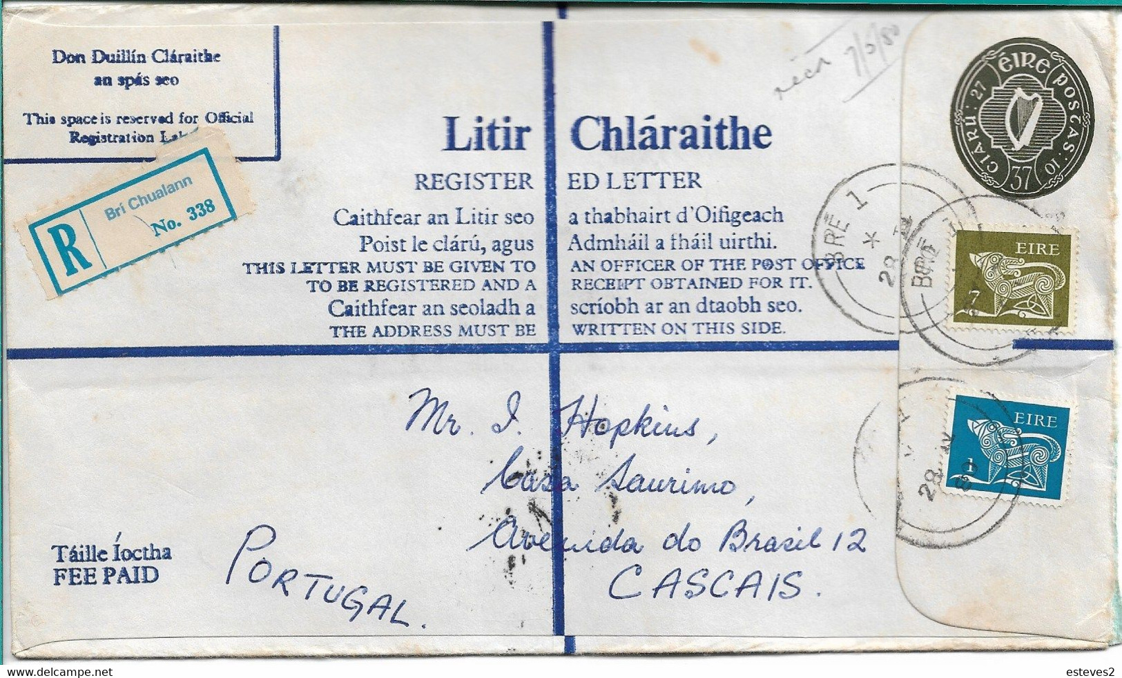 Ireland , Eire , 1980 , Stationery 37 P ,  Registration Label Bri Chualan  Nº 338 , Bré 1 Postmark - Postal Stationery