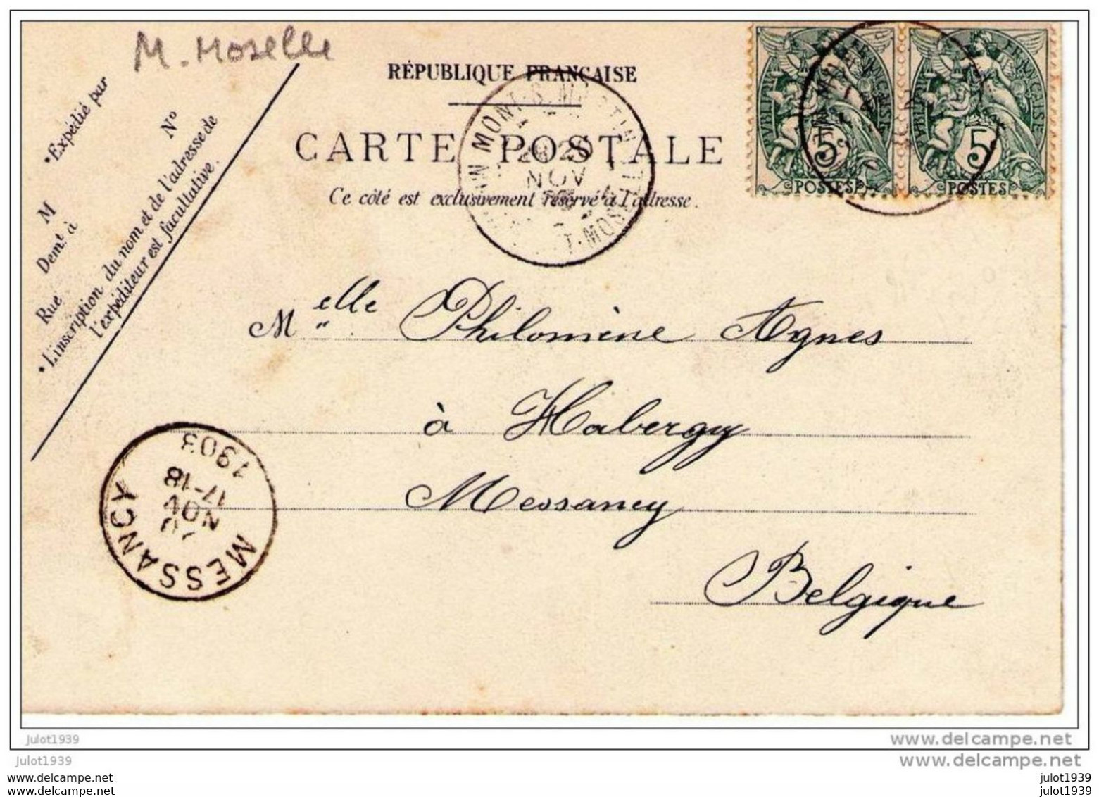 HABERGY ..-- MONT SAINT MARTIN ..-- EN LUXO !!!!  1903 Vers HABERGY ( Melle Philomène AGNES ) . Voir Verso Recto . - Musson