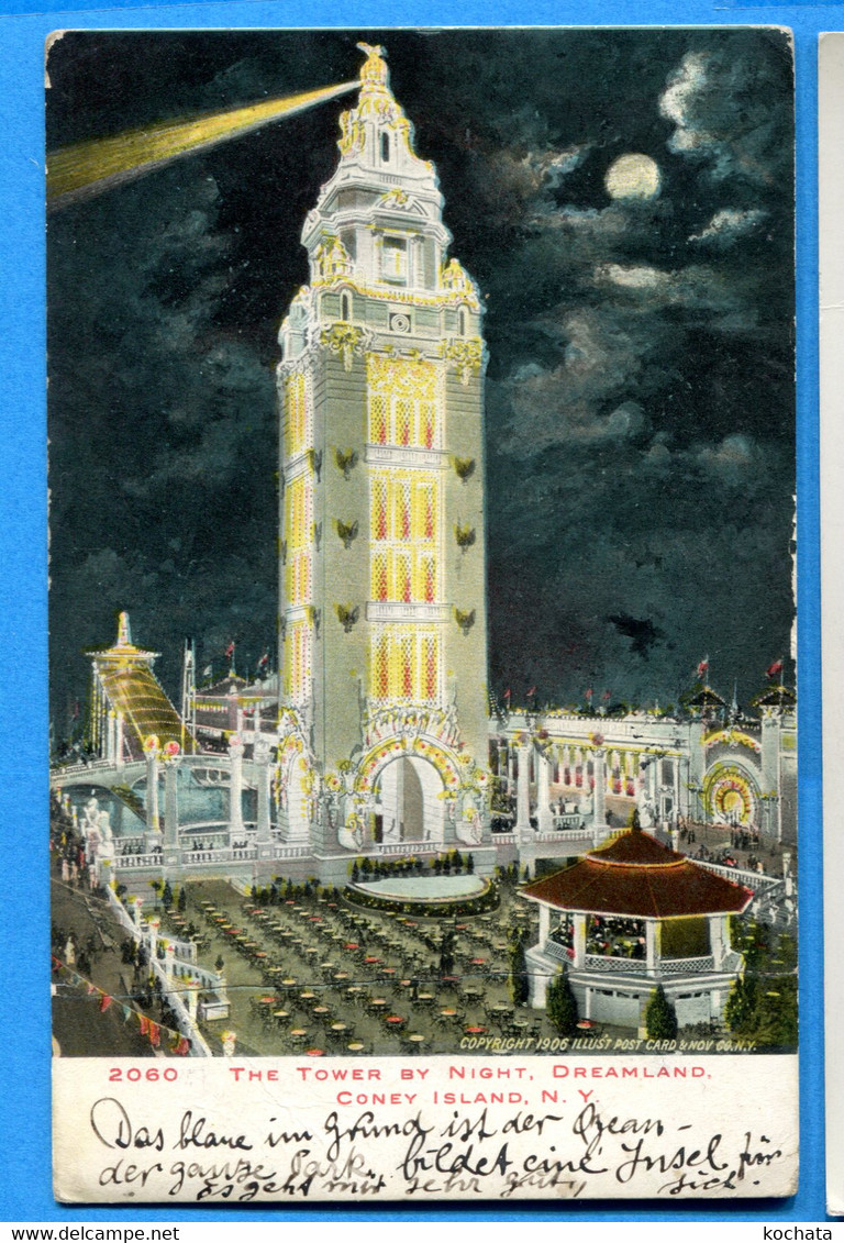 U186, The Tower By Night, Dreamland, Coney Island N. Y., 2060, Circulée 1909 - Autres & Non Classés