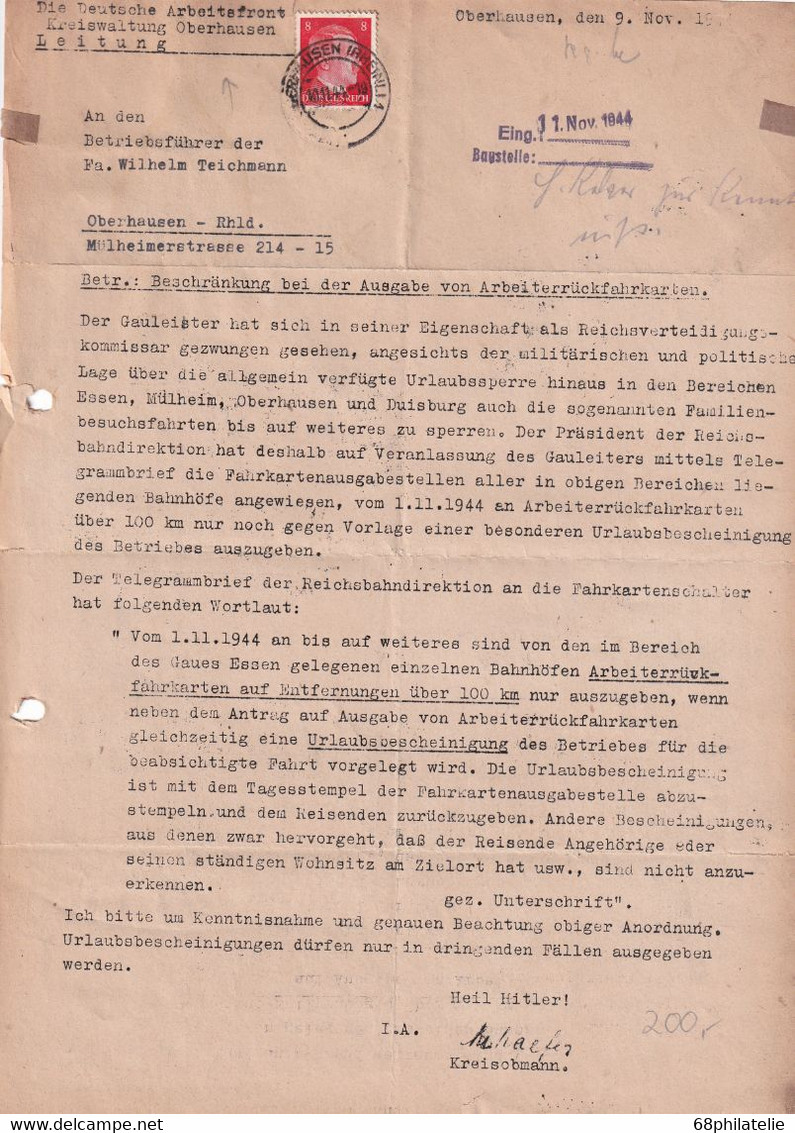 ALLEMAGNE 1944 LETTRE DE OBERHAUSEN - Brieven En Documenten