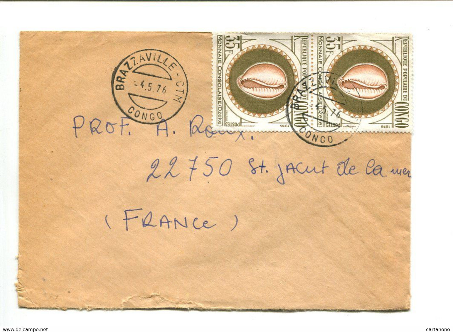 CONGO Brazzaville CTM 1976 - Affranchissement Sur Lettre -  Monnaie Congolaise Coquillage - Andere & Zonder Classificatie