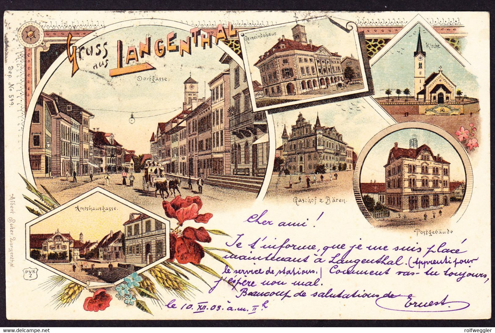 1903 Gelaufene Litho AK, Gruss Aus Langenthal. 6 Bildrig. Mit Postgebäude. Bahnstempel Ambulant 13, Langenthal. - Langenthal