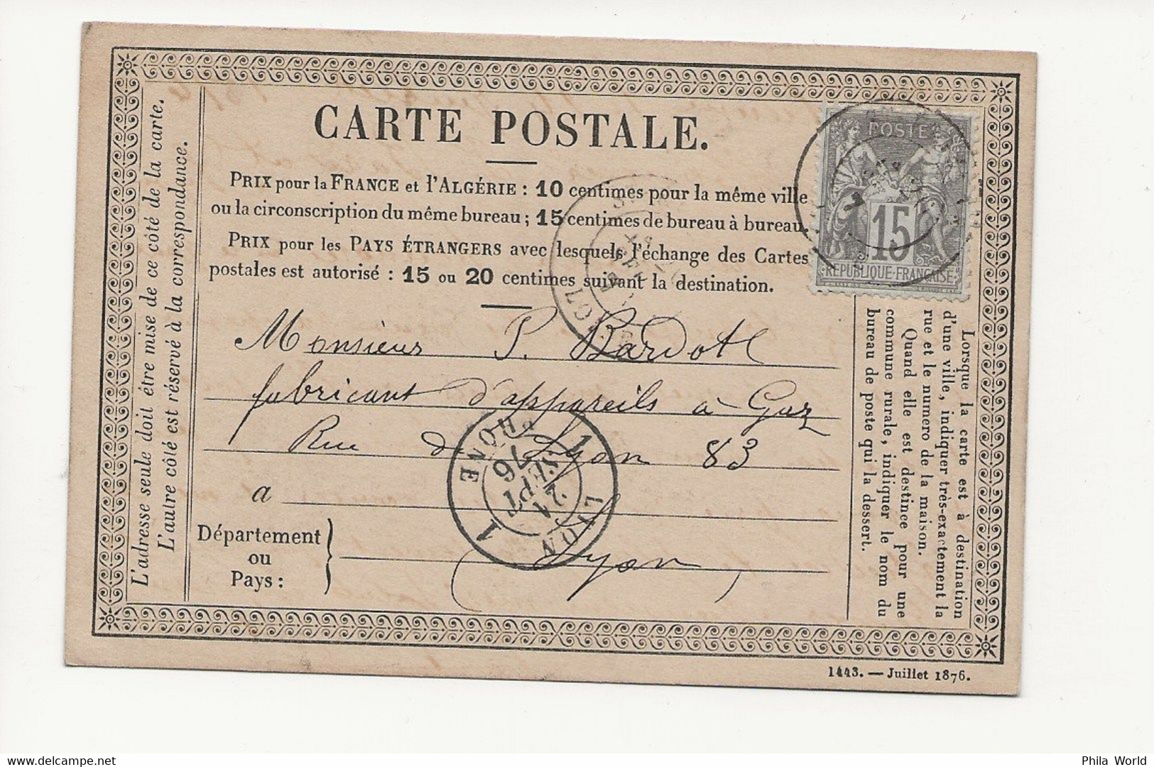 CARTE POSTALE PRECURSEUR 1876 SAGE YT66 20 SEPT 1876 ST ETIENNE 21 WEPT 1876 LYON - 1849-1876: Période Classique