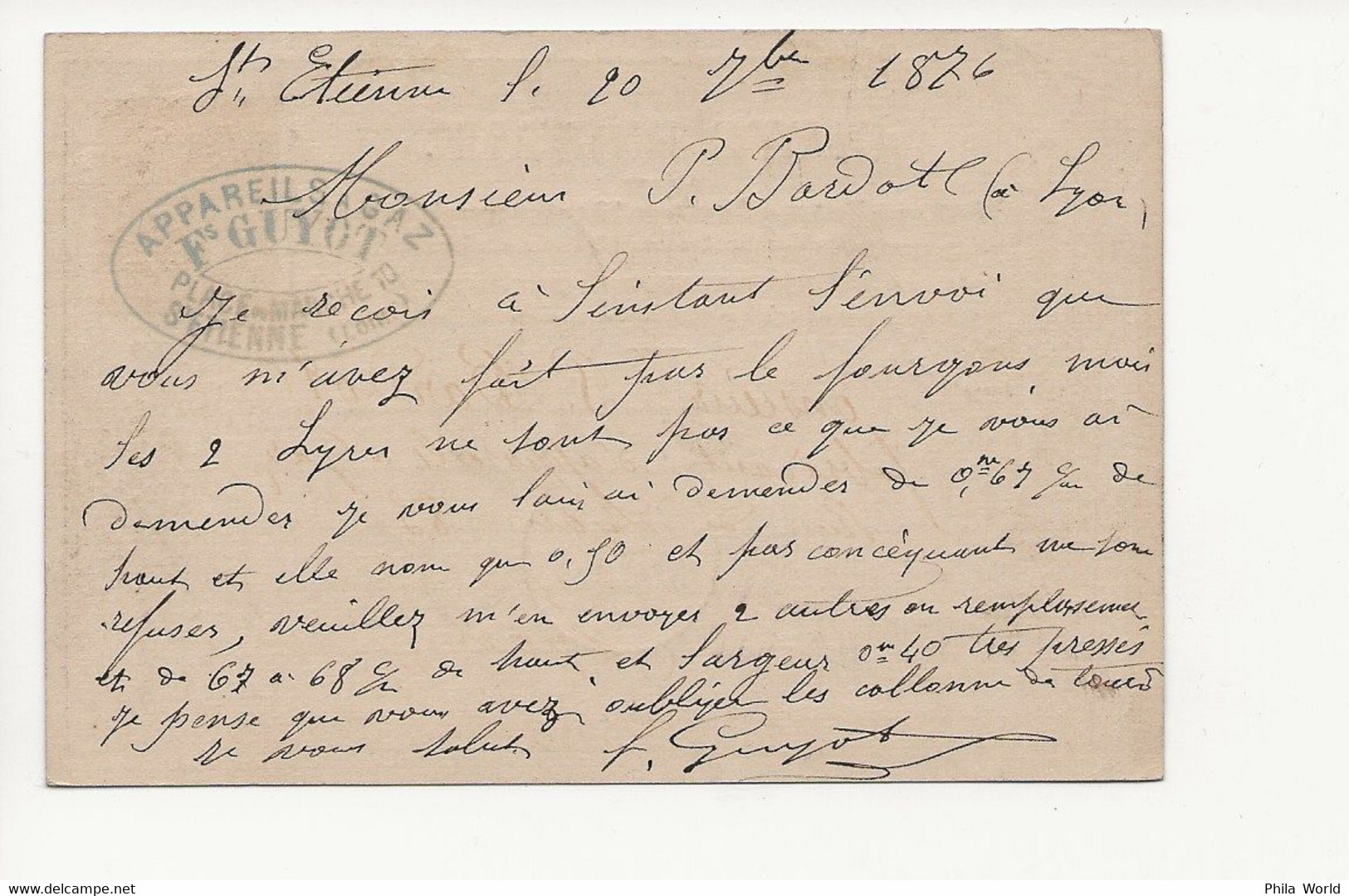 CARTE POSTALE PRECURSEUR 1876 SAGE YT66 20 SEPT 1876 ST ETIENNE 21 WEPT 1876 LYON - 1849-1876: Classic Period