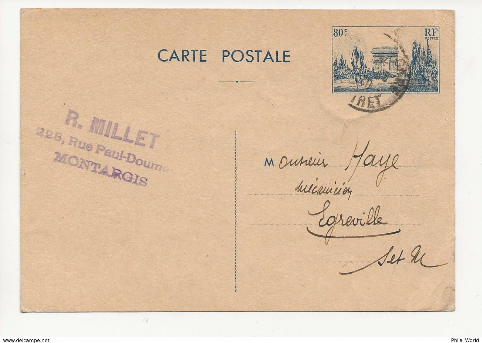 ENTIER POSTAL ARC De TRIOMPHE 1940 LOT De 3 EP MONTARGIS PARIS HAUTE VIENNE - 1921-1960: Période Moderne