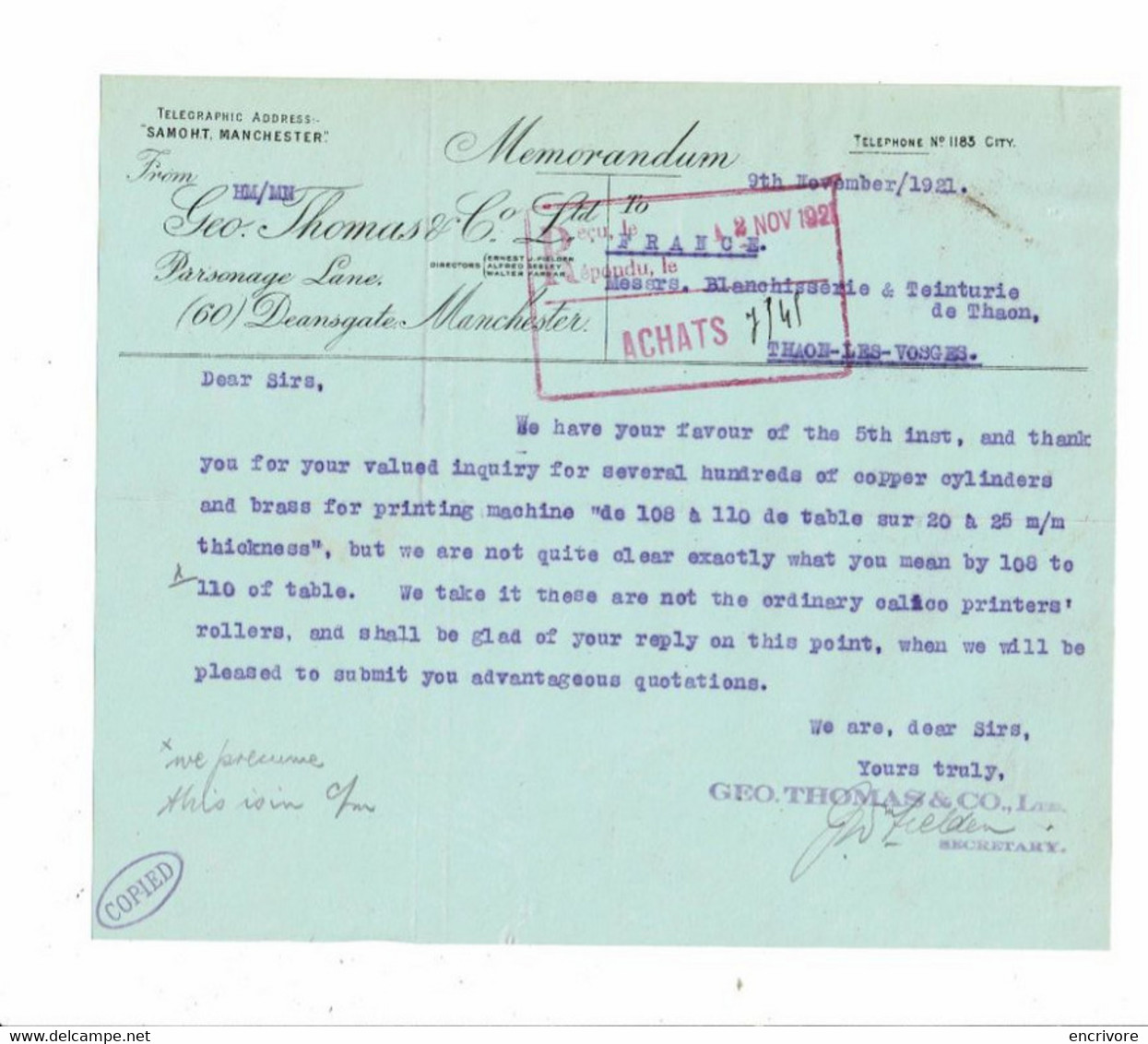 Lettre Commerciale En Anglais GEO THOMAS & CO Manchester à Blanchisserie Teinturerie Thaon 1921 - Royaume-Uni