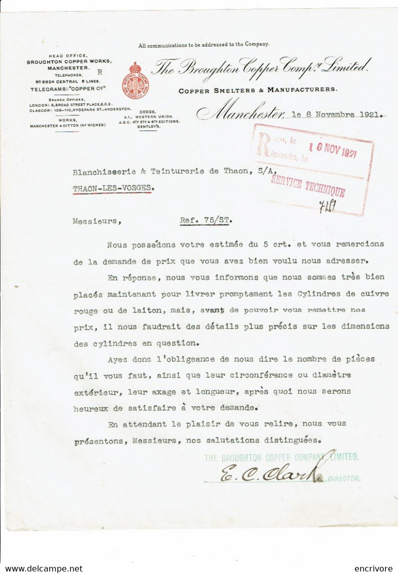 2 Lettre Commerciale Tarif BROUGHTON COPPER COMPANY Manchester à Blanchisserie Teinturerie Thaon 1921 - Royaume-Uni