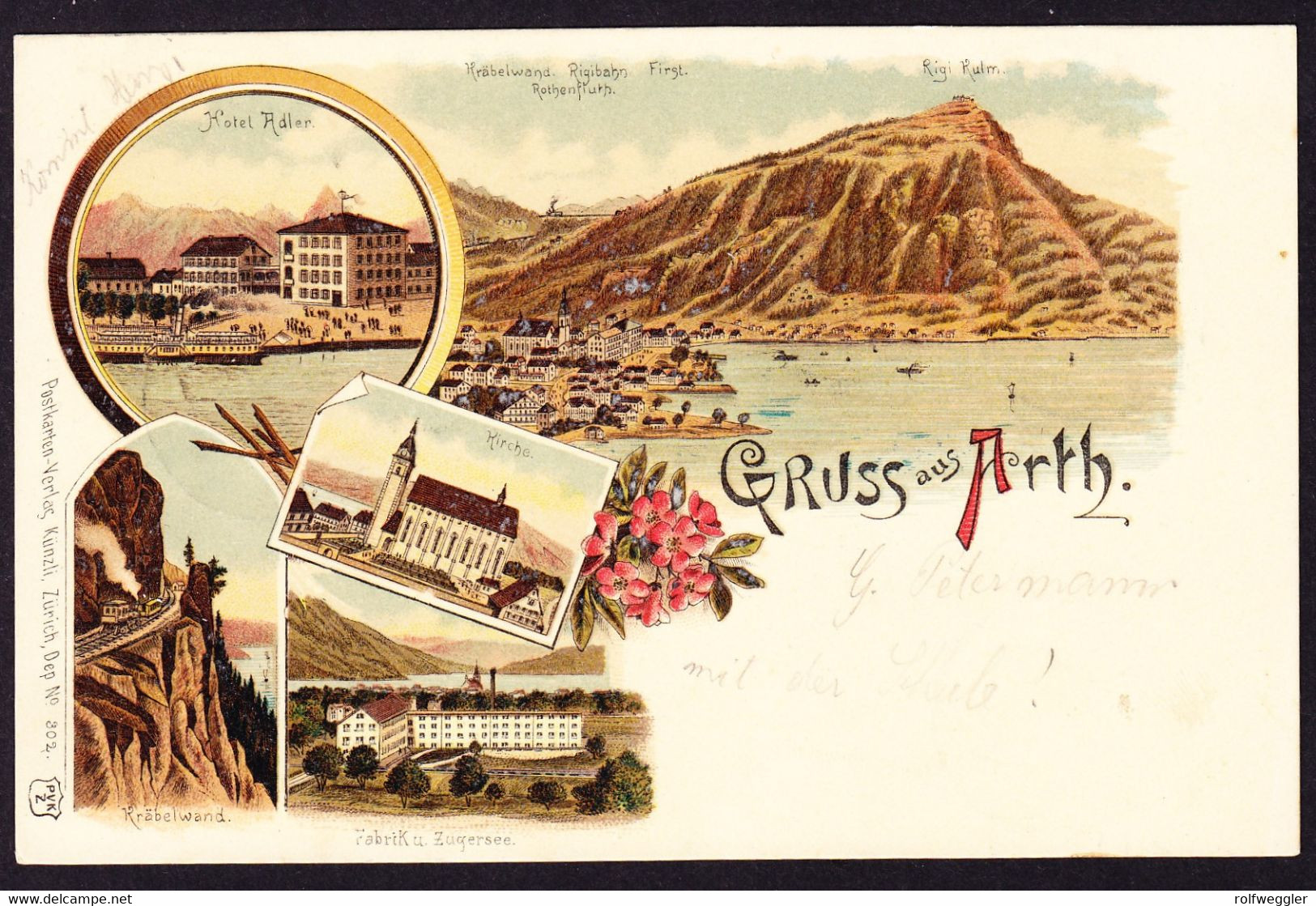 1901 Als Drucksache Gelaufene Litho AK: Gruss Aus Arth. 5 Bildrig. Hotel Adler, Fabrik Und Rigi Bahn. - Arth