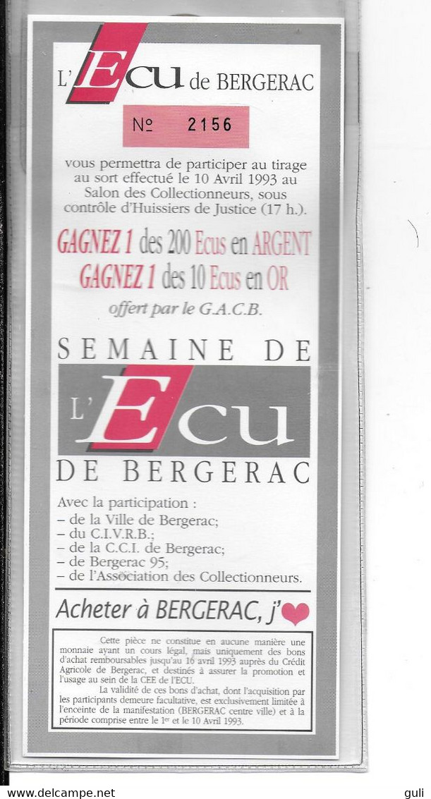 Monnaie ECU De BERGERAC (blister D' Origine)- ECU Numéroté 2156  (année 1993) -Semaine De L'Ecu De Bergerac - Euro Der Städte