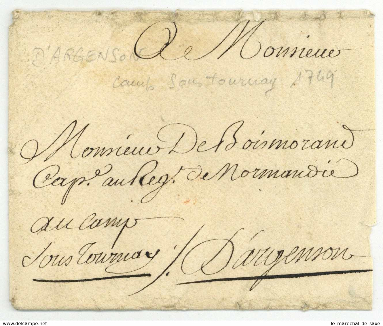 SIEGE DE TOURNAI 1745 LS Voyer D'Argenson Contreseing Franchise Chevalier Saint Louis Normandie Boismorand - Army Postmarks (before 1900)