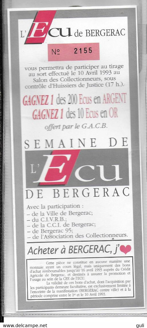 Monnaie ECU De BERGERAC (blister D' Origine)- ECU Numéroté 2155 (année 1993) -Semaine De L'Ecu De Bergerac - Euro Van De Steden