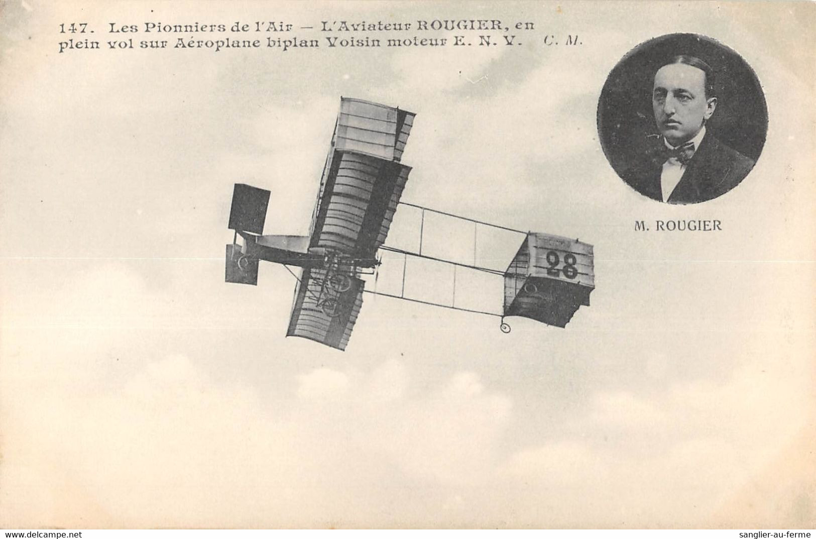 CPA AVIATION LES PIONNIERS DE L'AIR L'AVIATEUR ROUGIER EN PLEIN VOL SUR AEROPLANE BIPLAN VOISIN - ....-1914: Precursores