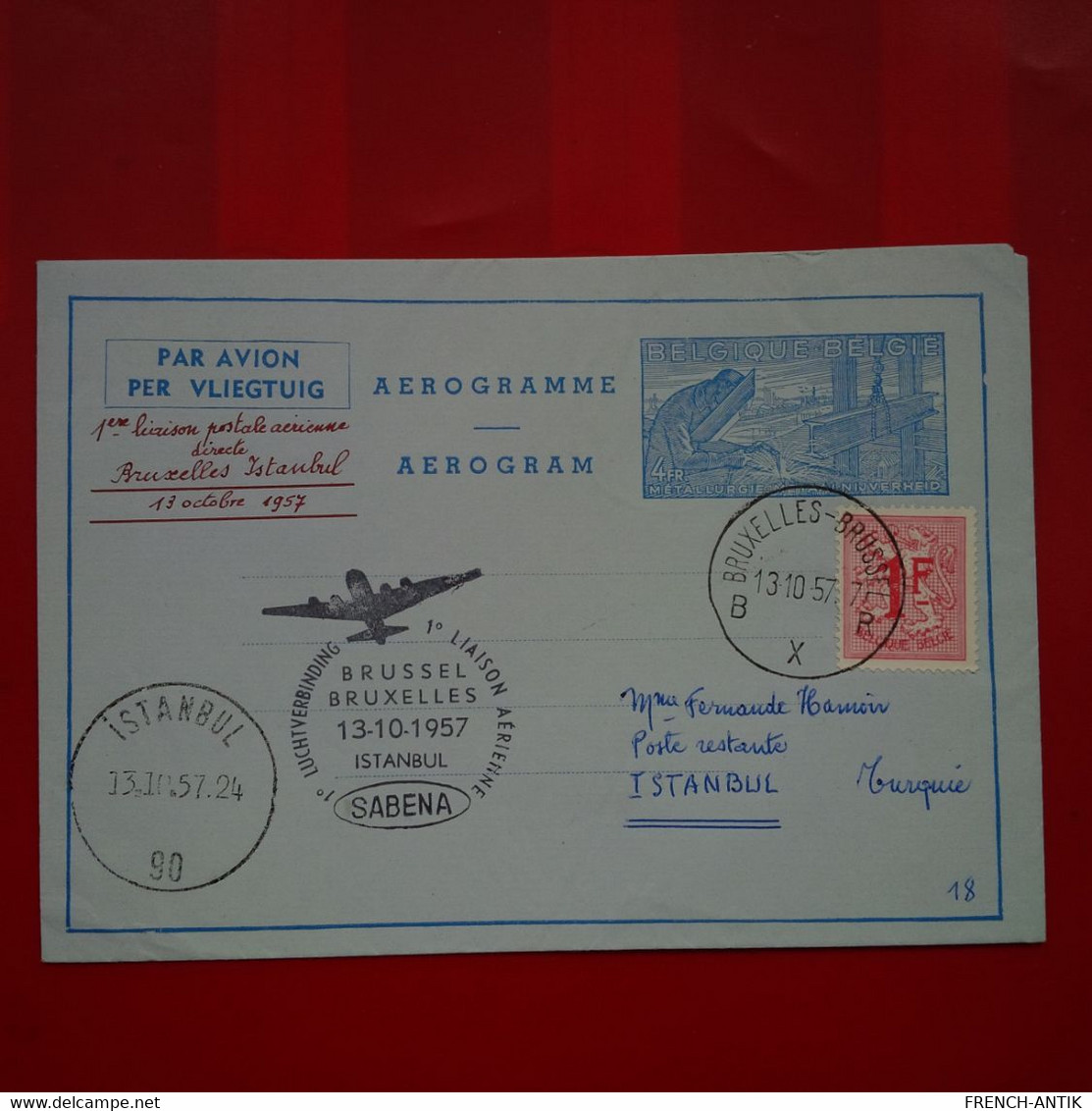 LETTRE AEROGRAMME PAR AVION BRUXELLES ISTANBUL 1ERE LIAISON AERIENNE DIRECTE 1957 - Briefe U. Dokumente