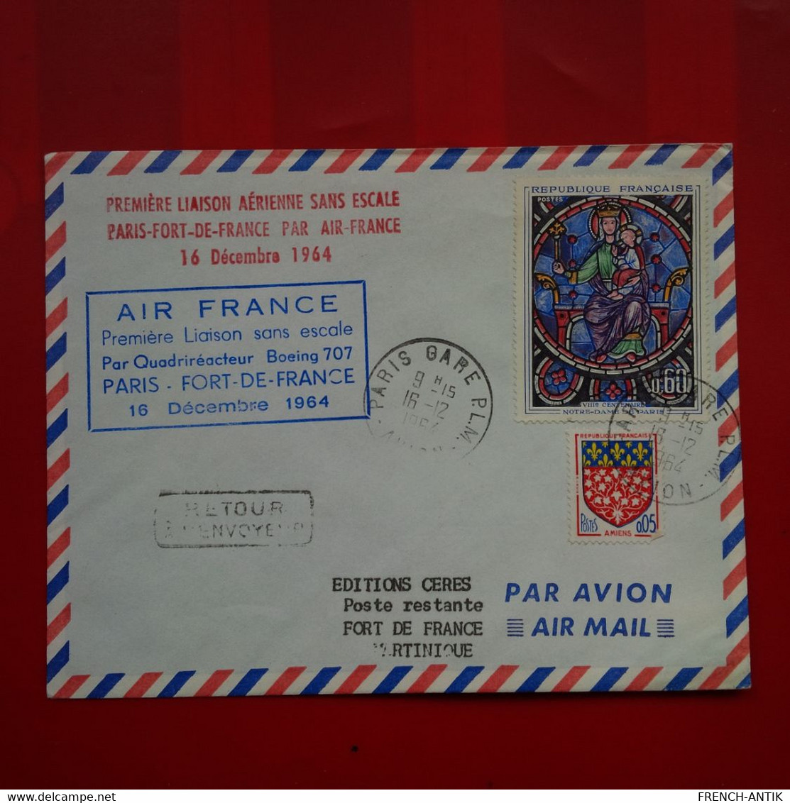 LETTRE PREMIERE LIAISON AERIENNE SANS ESCALE PARIS FORT DE FRANCE PAR AIR FRANCE 1964 - Covers & Documents