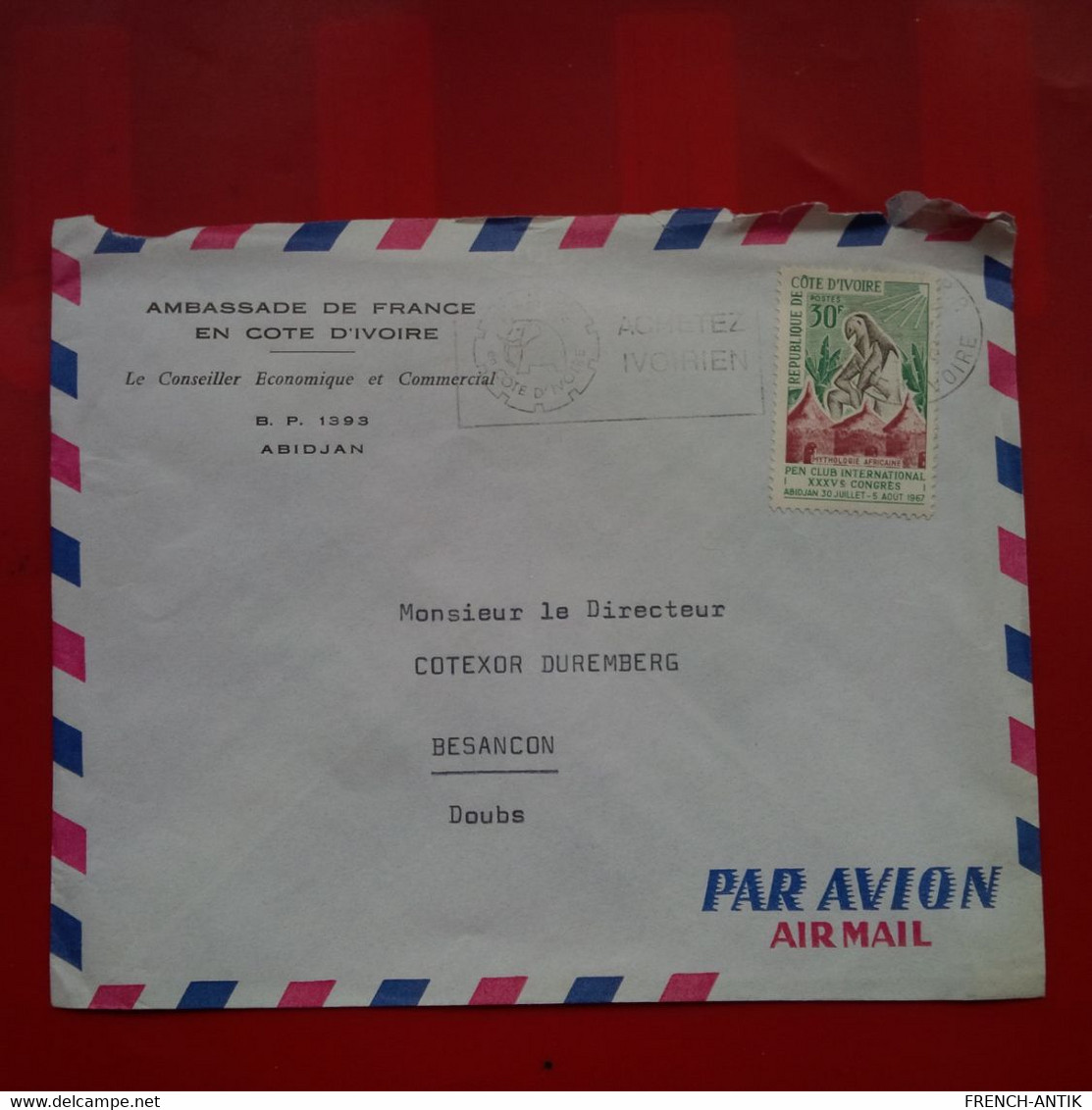 LETTRE PAR AVION COTE D IVOIRE AMBASSADE DE FRANCE ABIDJAN POUR BESANCON MONTRES COTEXOR - Ivory Coast (1960-...)