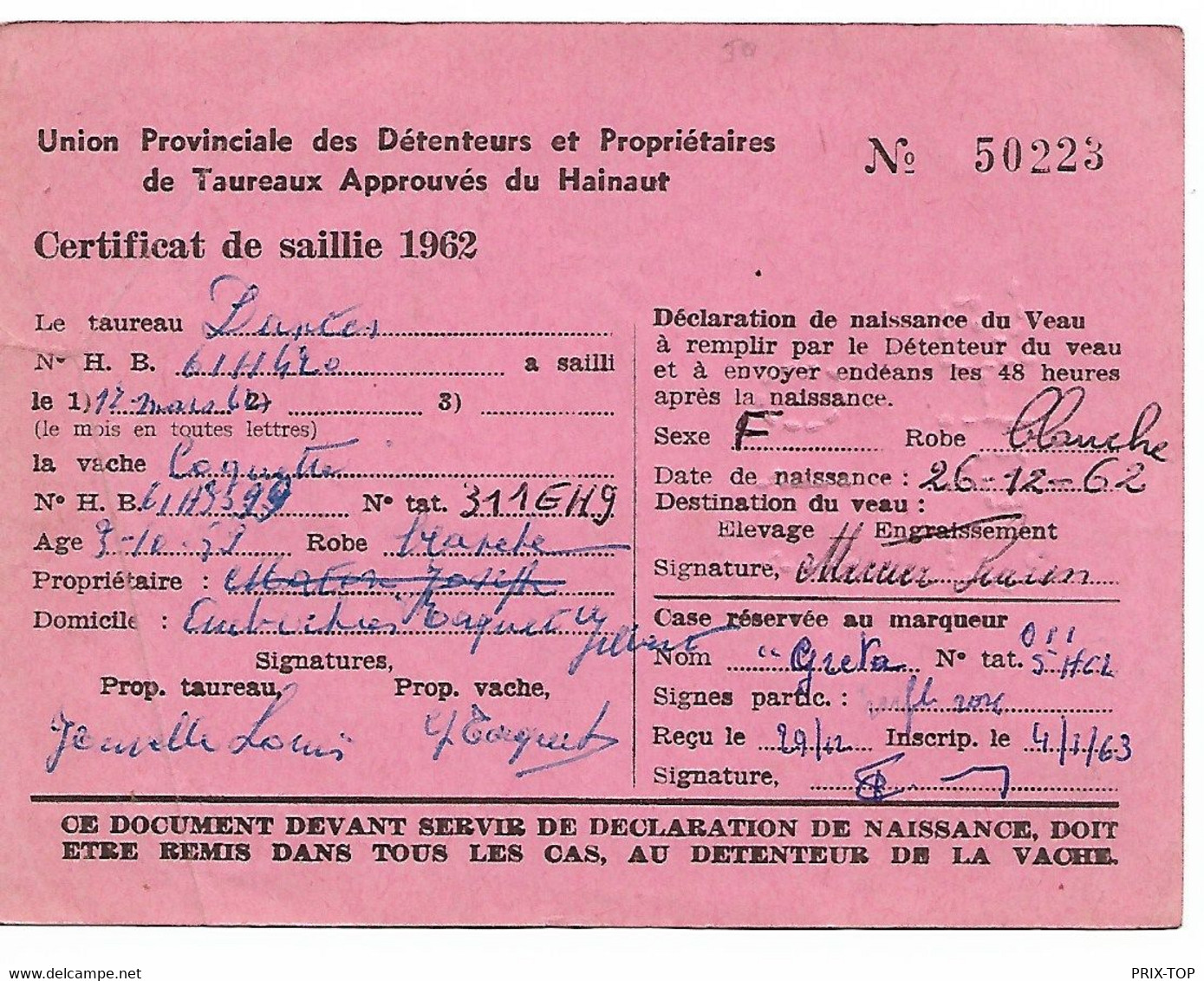 SP343/ S/Certificat De Saillie Non Timbré C.Frasnes-Lez-Buissenal 1962  T > Anvaing Taxé 4 F 1066(2) Baudouin Lunettes - Brieven En Documenten