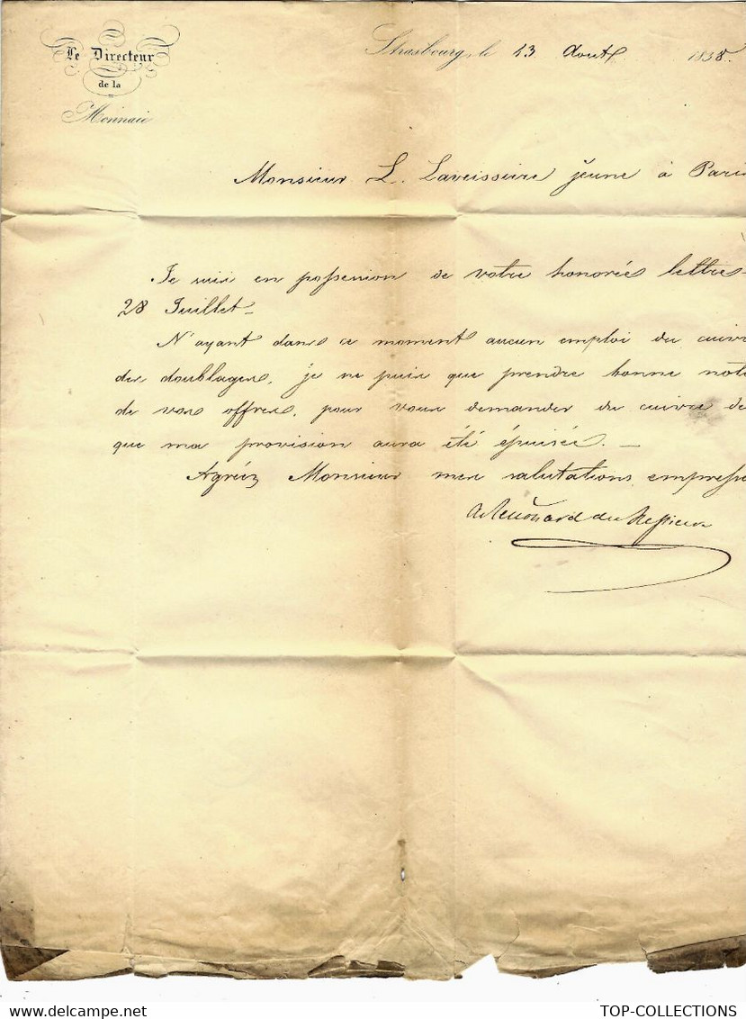 1838 MONARCHIE De Juillet FINANCE MONNAIE HOTEL DES MONNAIES STRASBOURG LETTRE SIGNEE DIRECTEUR RENOUARD DE BUSSIERE - Other & Unclassified