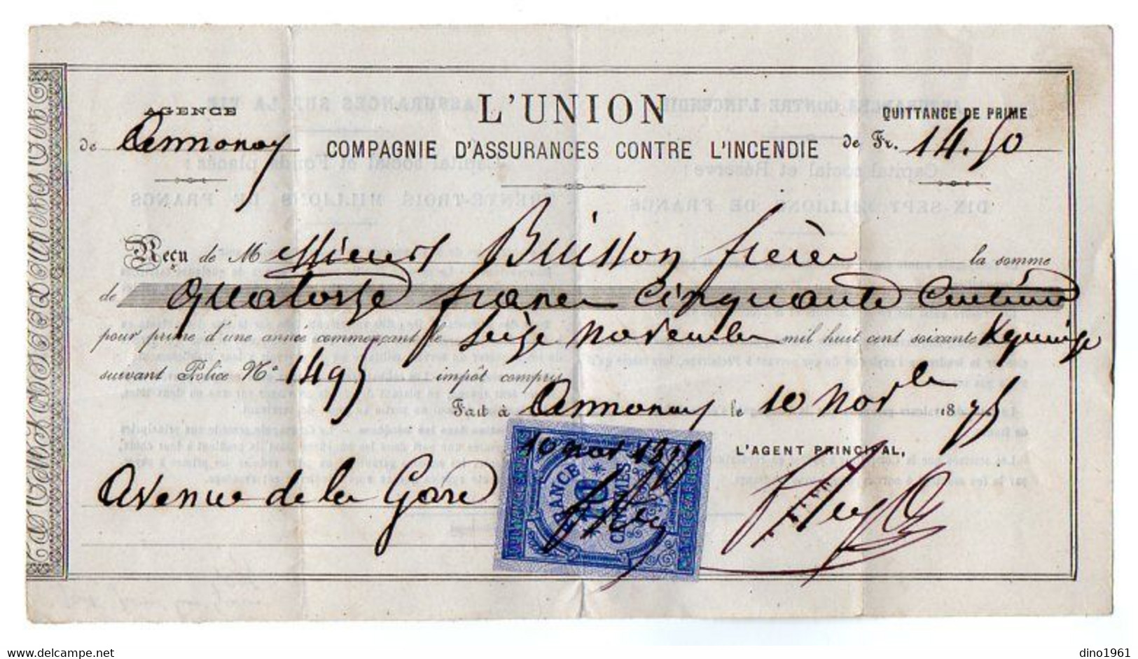 VP19.177 - 1875 - Reçu - Compagnie D'Assurances Contre L'Incendie ¨ L' UNION ¨  Agence D' ANNONAY - Banco & Caja De Ahorros