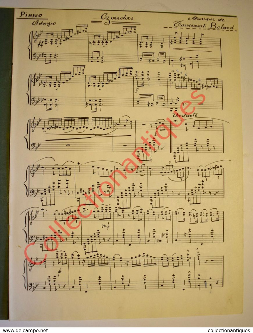 Partition Manuscrite à L'encre De Boland Toussaint Pour Piano - Oeuvre Musicale Czardas - Date De 1952 - Partitions Musicales Anciennes