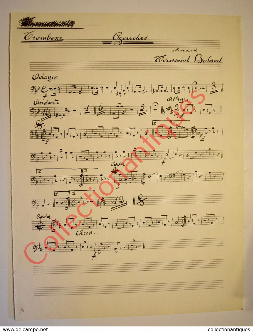 Partition Manuscrite à L'encre De Boland Toussaint Pour Trombone - Oeuvre Musicale Czardas - Date De 1952 - Partitions Musicales Anciennes