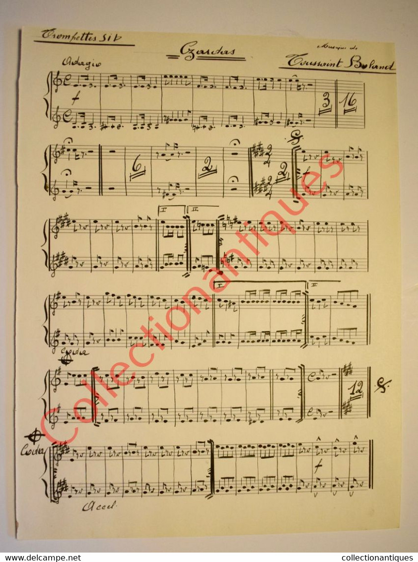 Partition Manuscrite à L'encre De Boland Toussaint Pour Trompettes Sib - Oeuvre Musicale Czardas - Date De 1952 - Partitions Musicales Anciennes