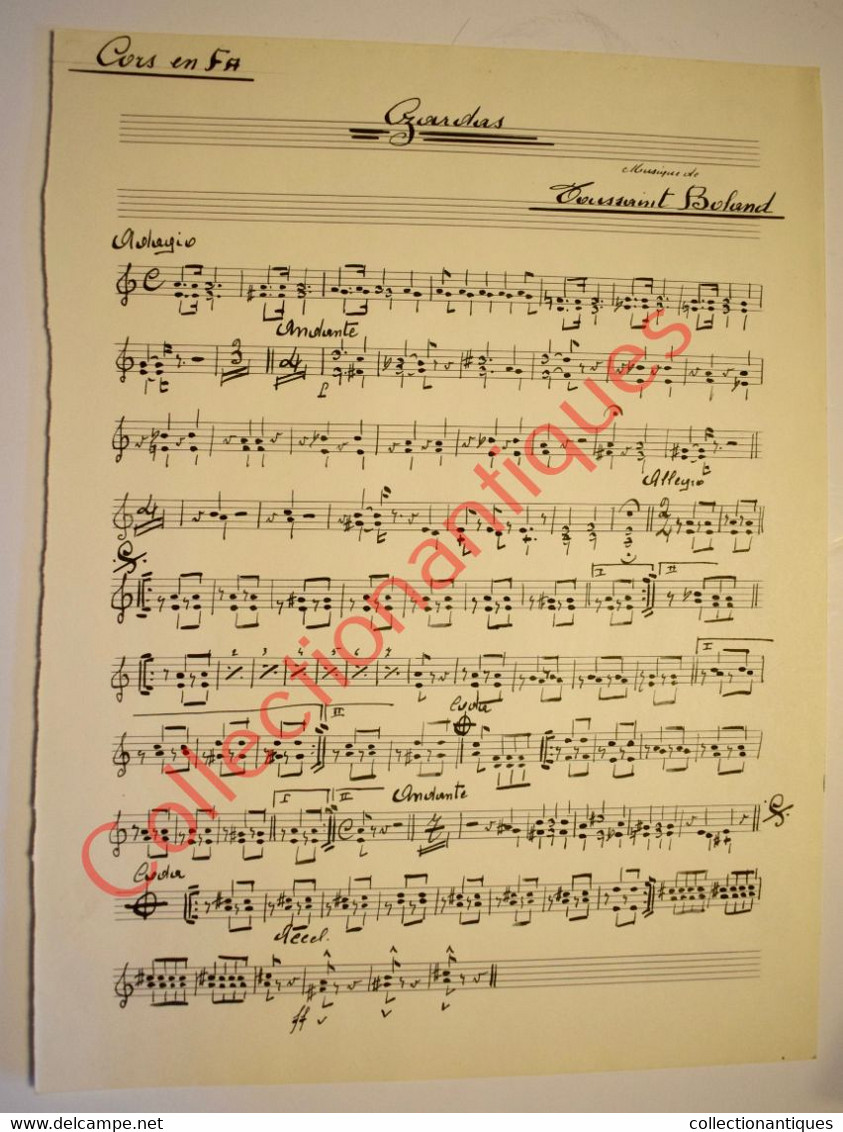 Partition Manuscrite à L'encre De Boland Toussaint Pour Cors En Fa - Oeuvre Musicale Czardas - Date De 1952 - Partitions Musicales Anciennes