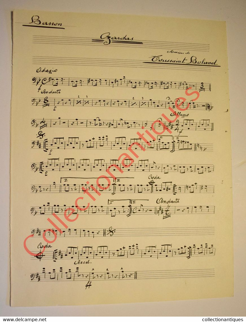 Partition Manuscrite à L'encre De Boland Toussaint Pour Basson - Oeuvre Musicale Czardas - Date De 1952 - Partitions Musicales Anciennes