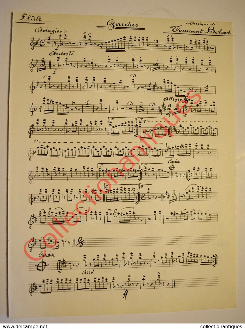 Partition Manuscrite à L'encre De Boland Toussaint Pour Flûte - Oeuvre Musicale Czardas - Date De 1952 - Partitions Musicales Anciennes