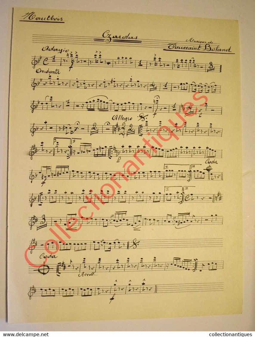 Partition Manuscrite à L'encre De Boland Toussaint Pour Hautbois - Oeuvre Musicale Czardas - Date De 1952 - Partitions Musicales Anciennes