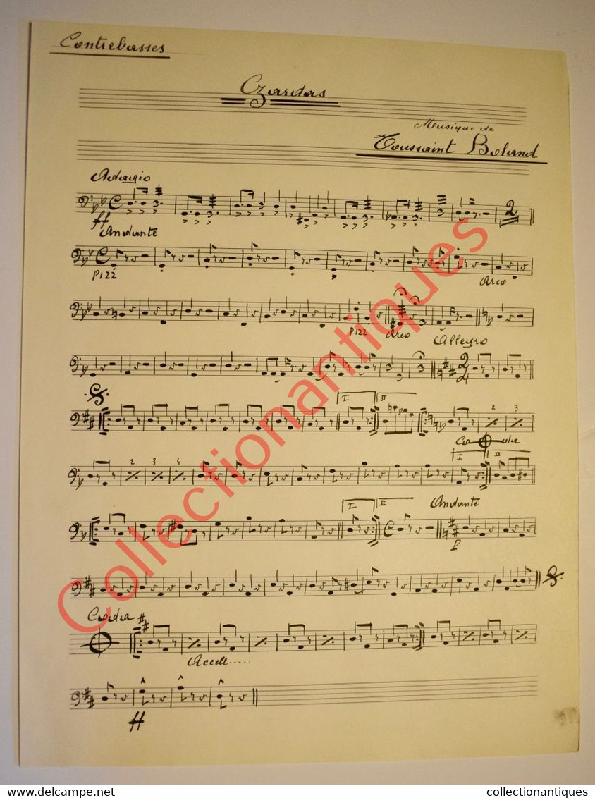 Partition Manuscrite à L'encre De Boland Toussaint Pour Contrebasses - Oeuvre Musicale Czardas - Date De 1952 - Partitions Musicales Anciennes