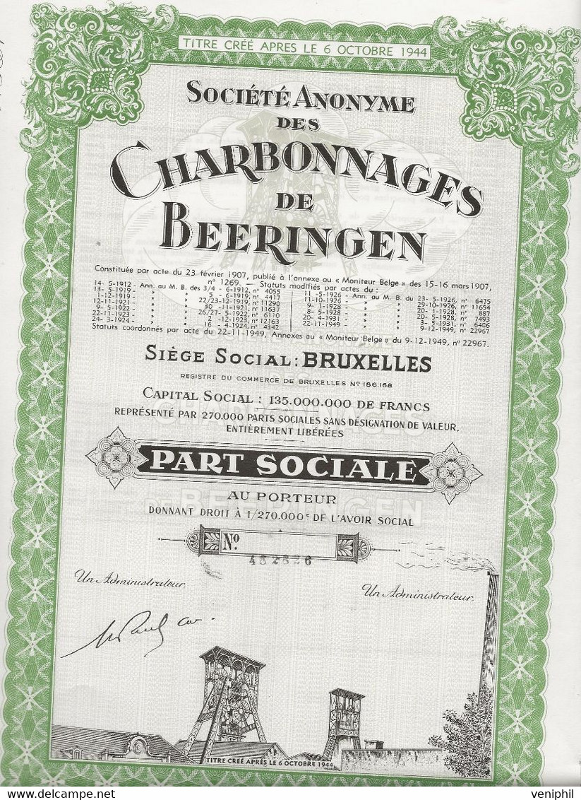 SOCIETE DES CHARBONNAGES DE BEERINGEN -BELGIQUE -PART SOCIALE - ANNEE 1944 - Mijnen