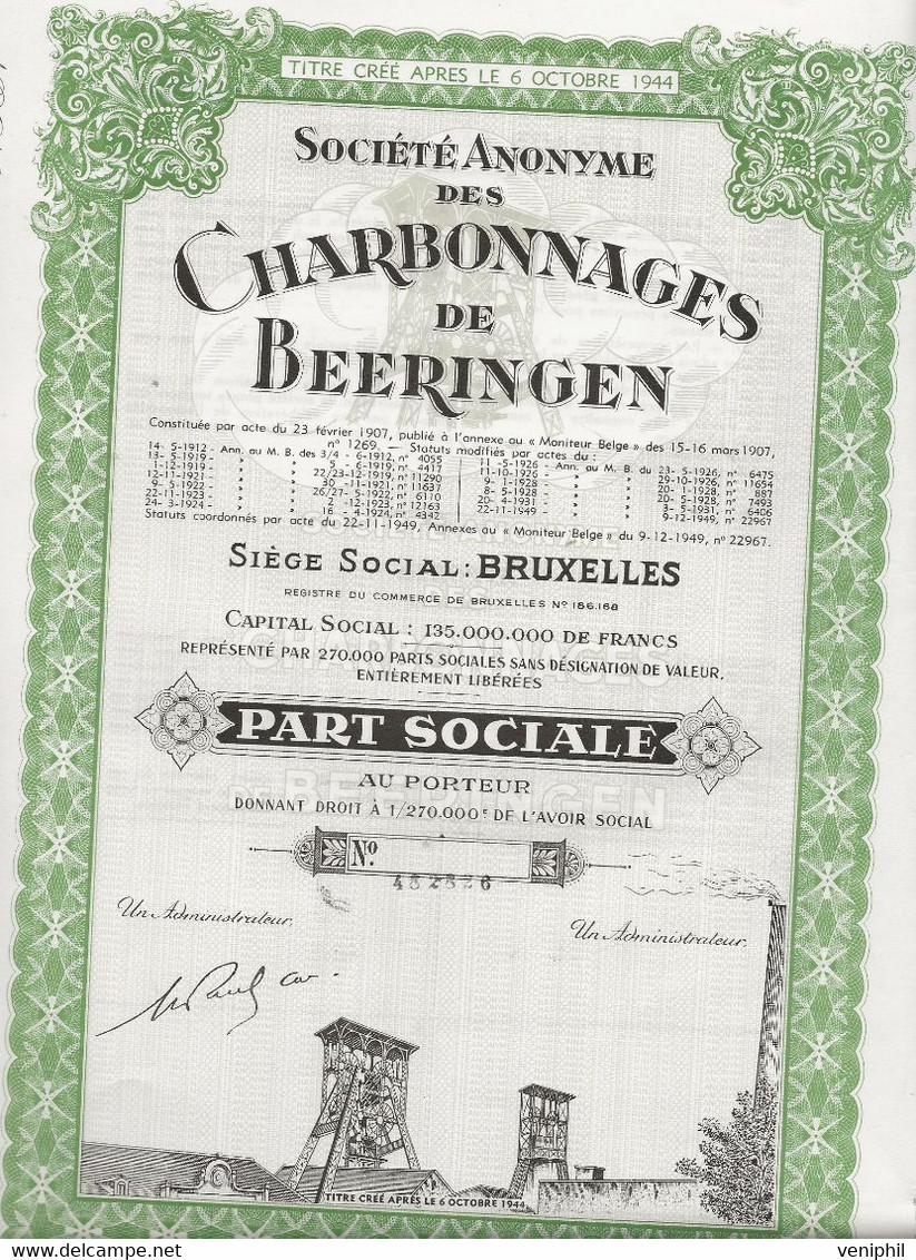 SOCIETE DES CHARBONNAGES DE BEERINGEN -BELGIQUE -PART SOCIALE - ANNEE 1944 - Mines