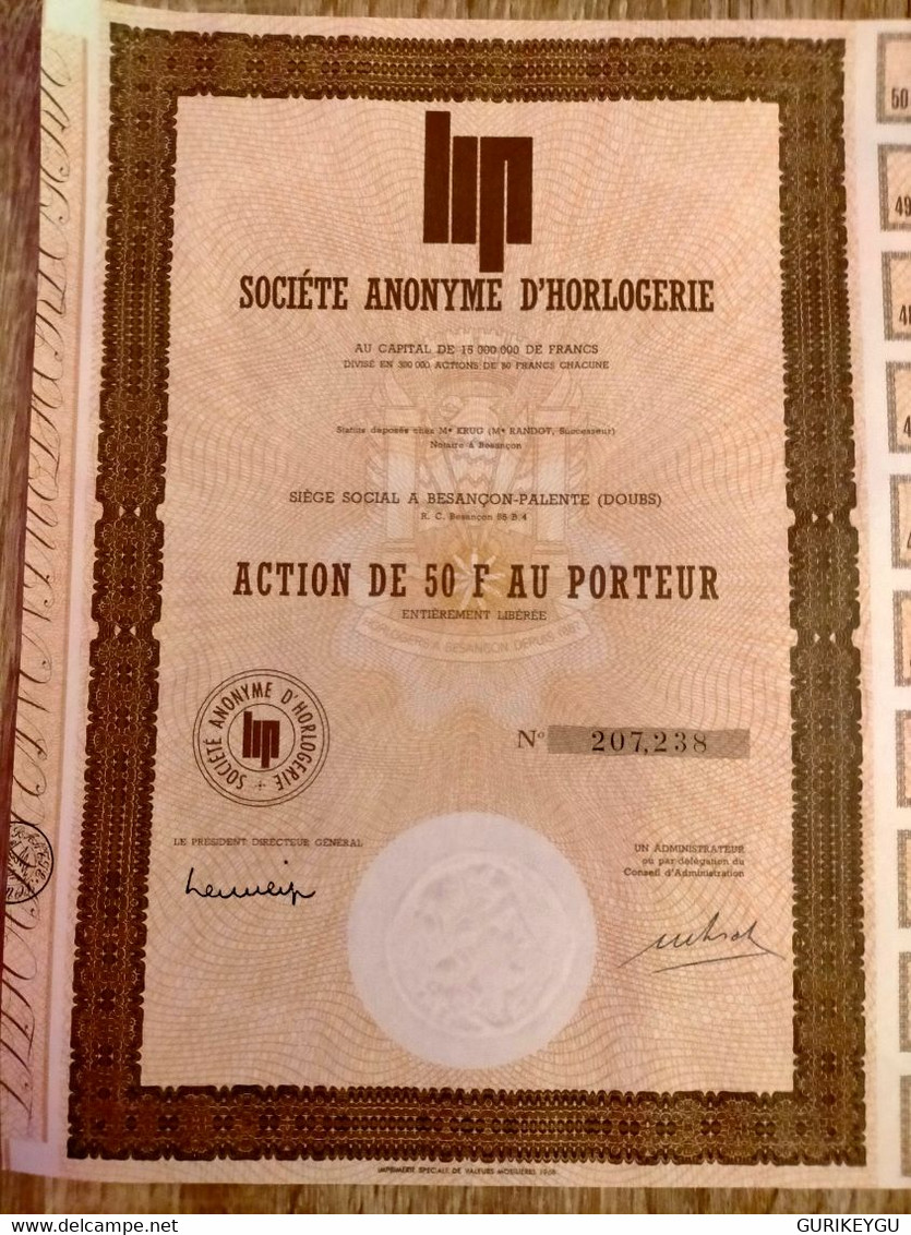 Société Anonyme D'horlogerie ACTION Bon Au Porteur De 50F LIP BESANCON 1968 Numéroté Valeurs Mobilières TTBE - J - L