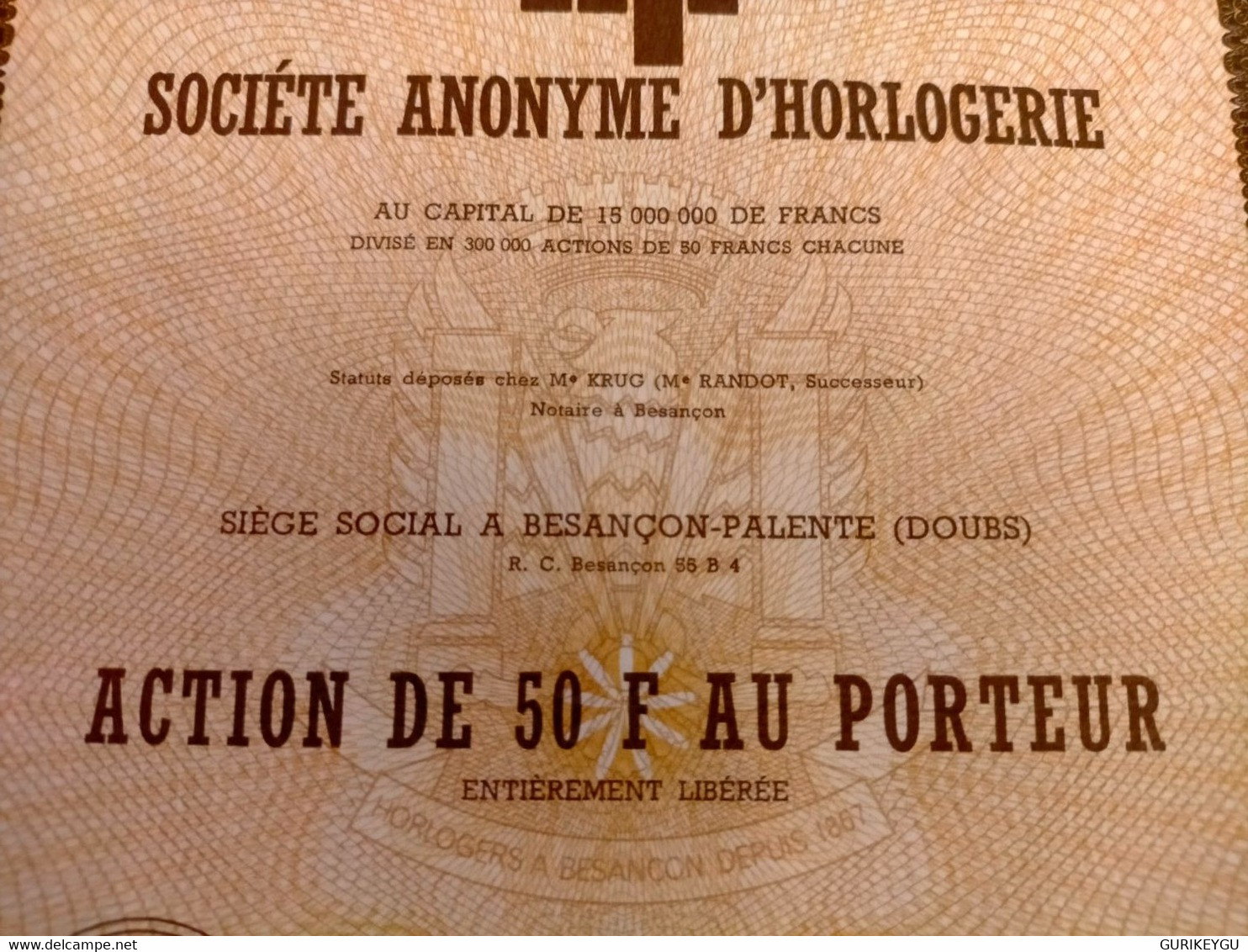 société anonyme d'horlogerie ACTION bon au porteur de 50F LIP BESANCON 1968 numéroté valeurs mobilières TTBE