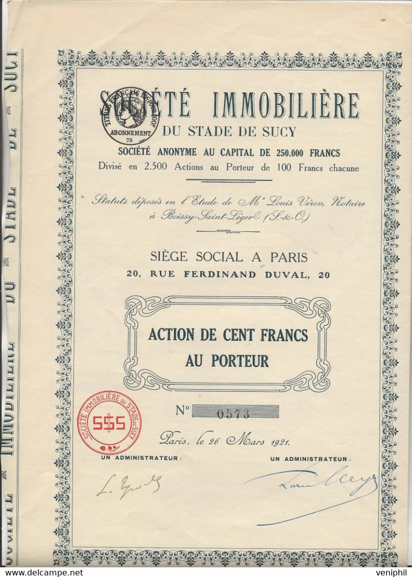 SOCIETE IMMOBILIERE DU STADE DE SUCY -VAL DE MARNE - DIVISE EN 2500 ACTIONS DE 100 FRS -ANNEE 1921 - Sports